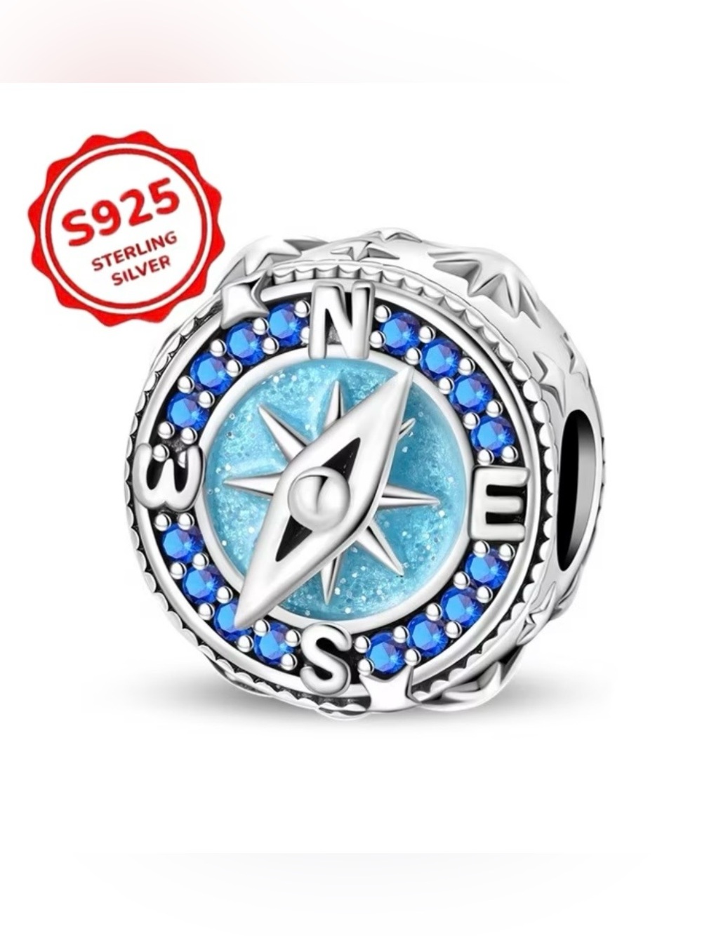 🌍  Sterling Silver Rotating Compass Charm Blue CZ